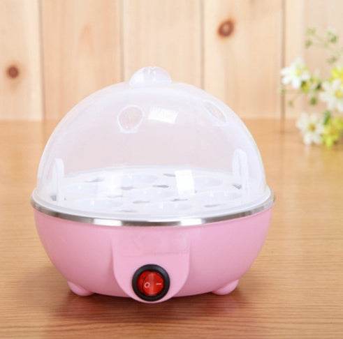 Multifunctional egg cooker with automatic power-off, pink design, six-egg capacity.