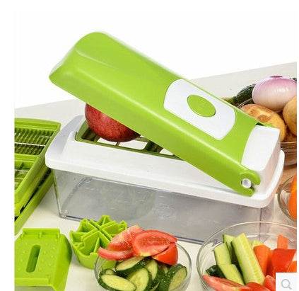 12pcs multifunctional vegetable chopper with green handle and various food slicing accessories.