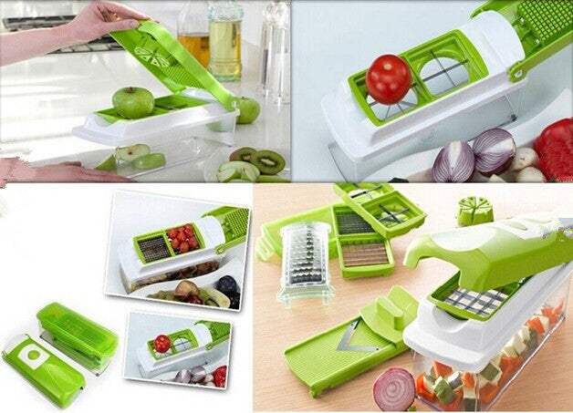 12pcs multifunctional vegetable chopper set with green ABS plastic body and stainless steel blades for efficient food slicing and dicing.
