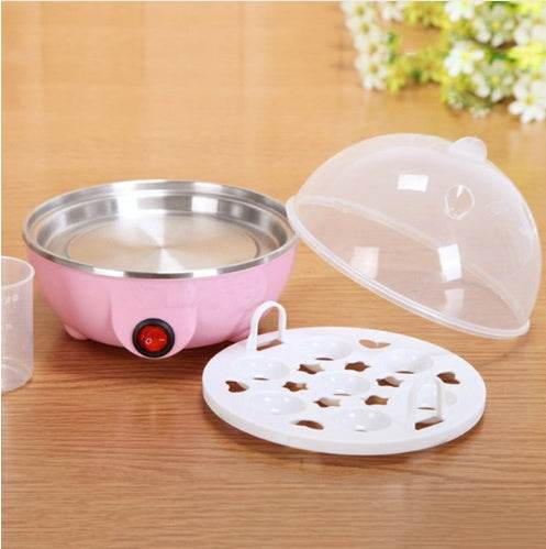 Multifunctional egg cooker with automatic power-off and six-egg capacity, compact design ideal for kitchens and dorms.