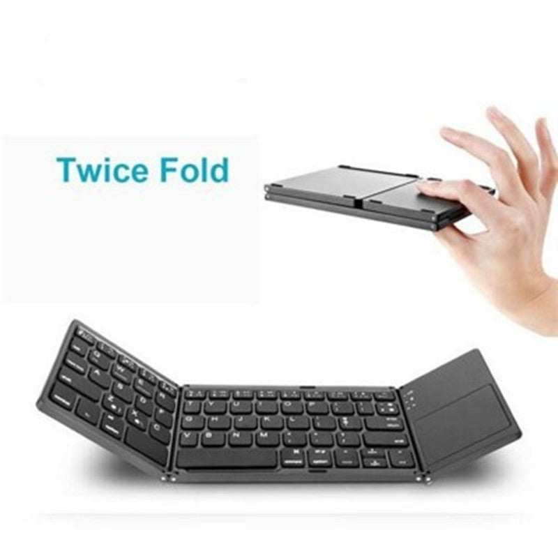 Folding Bluetooth keyboard with rechargeable battery, twice fold design.