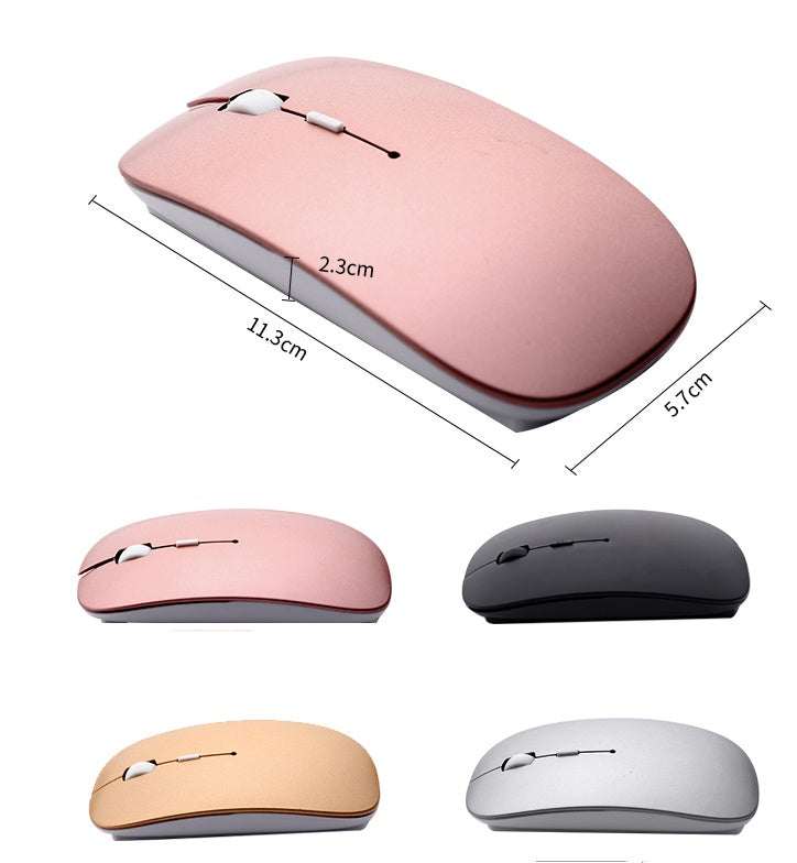 Wireless optical mouse in various colors, 2.4G connection, shown with dimensions.