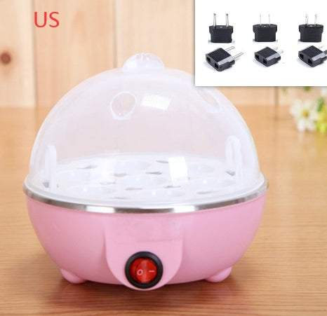 Multifunctional egg cooker with automatic power-off and anti-dry feature, pink design, for cooking up to six eggs.