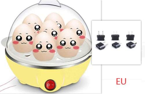 Multifunctional egg cooker with six-egg capacity, automatic power-off, anti-dry feature, yellow base, and multiple plug adapters.