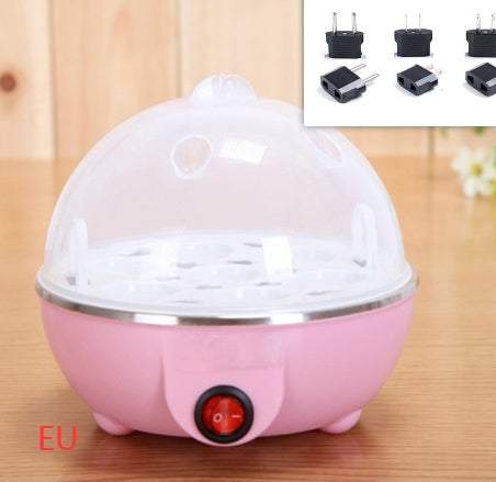 Pink multifunctional egg cooker with six egg capacity, automatic power off, and anti-dry feature, EU plug included.