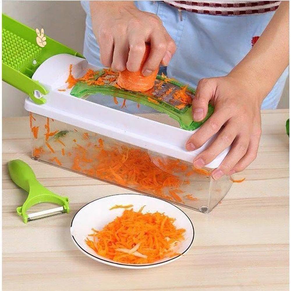 Multifunctional vegetable chopper slicing carrots with a handle, featuring a built-in container and peeler, efficient kitchen gadget for easy food preparation.