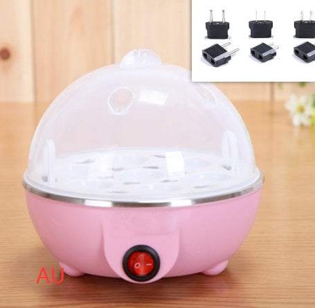 Multifunctional egg cooker with automatic power-off, cooking up to 6 eggs, in pink.