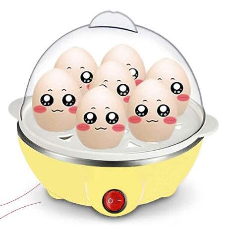 Multifunctional egg cooker with six egg capacity, anti-dry protection, sleek design, and automatic power off feature.