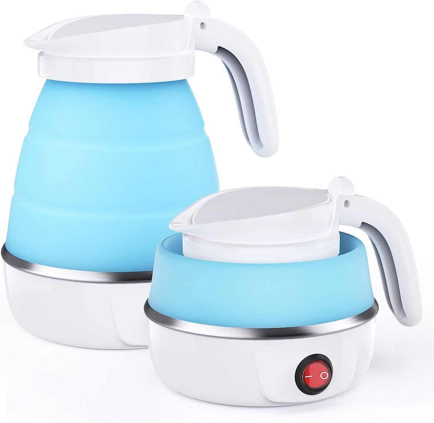 Foldable blue silicone electric kettle with separable power cord, ideal for camping and travel.