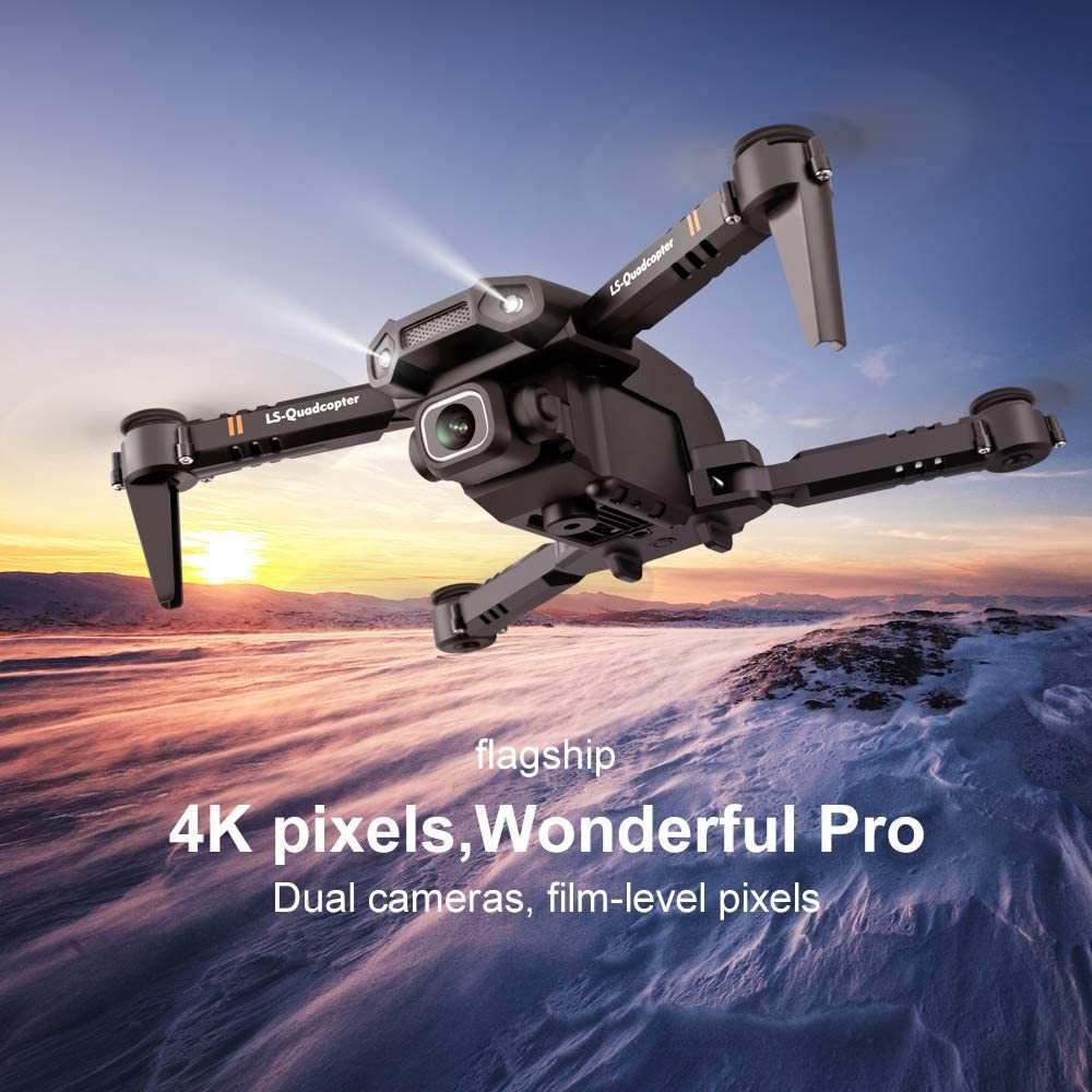 Mini Drone with Dual Cameras Capturing High-Definition Aerial View Over Sunset Landscape