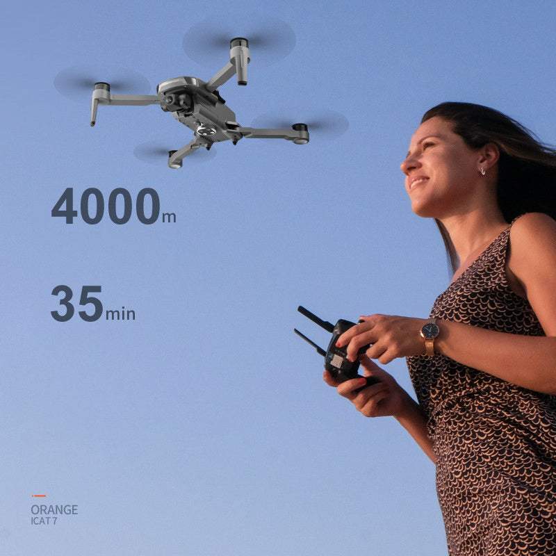 GPS drone with HD camera gimbal flying outdoors, operated by woman using remote control, 4000m range, 35-minute flight time.