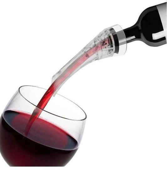 Wine aerator pouring red wine into glass, enhancing flavor and aroma.