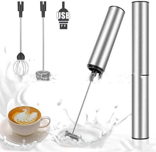 Handheld electric milk frother and egg beater with USB charging and dual whisk heads.