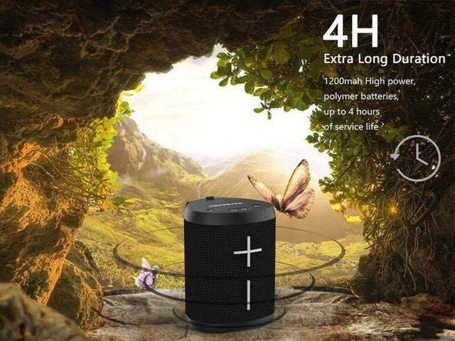 P14 wireless Bluetooth speaker with 4-hour battery life, shown in a natural setting.