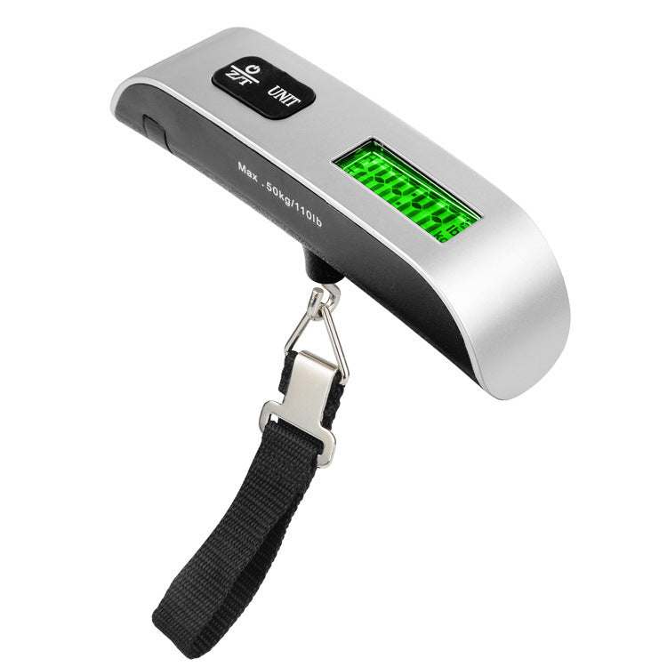 50kg digital luggage scale with LCD display and strap.