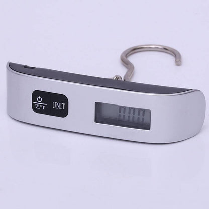 Digital LCD luggage scale with hook, 50kg capacity, electronic and portable for travel.