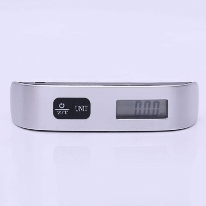 Electronic digital luggage scale, 50kg capacity, LCD display, portable travel accessory.