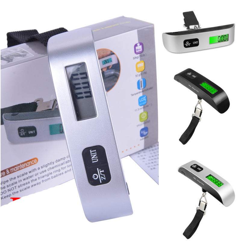 Electronic digital luggage scale; 50kg capacity, portable travel accessory.