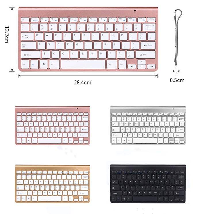 2.4G wireless keyboard mouse combo set in various colors with USB interface and multimedia functions.