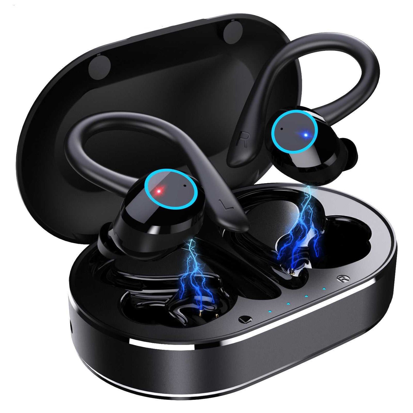 Bluetooth headset in black with ear hanger design, stereo channel, Bluetooth 5.1 technology, and charging case.