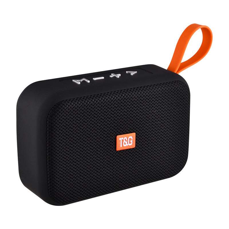 Portable Bluetooth speaker with orange strap, USB interface, and call function.