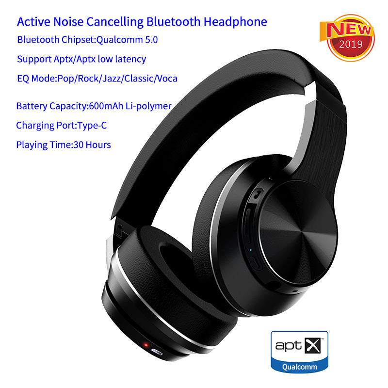 Black sports noise cancelling Bluetooth earphones with Qualcomm 5.0, aptX support, and 600mAh battery.