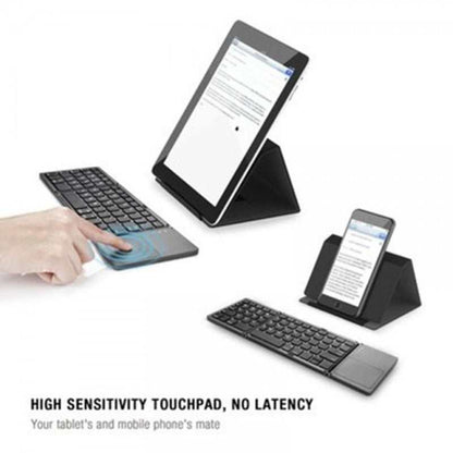 Folding Bluetooth keyboard with touchpad, compatible with tablets and phones.