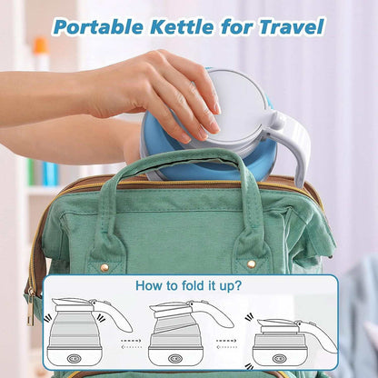 Foldable electric kettle, portable silicone design for travel, blue.