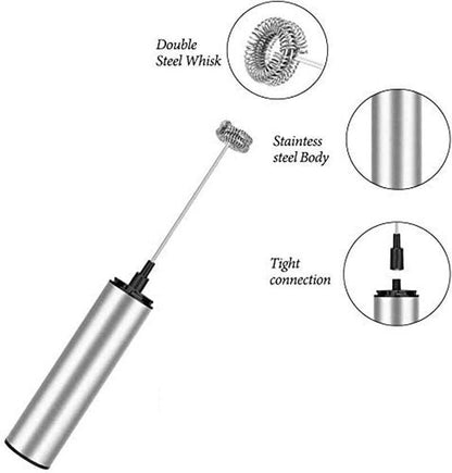 Handheld electric milk frother with double steel whisk and stainless steel body.