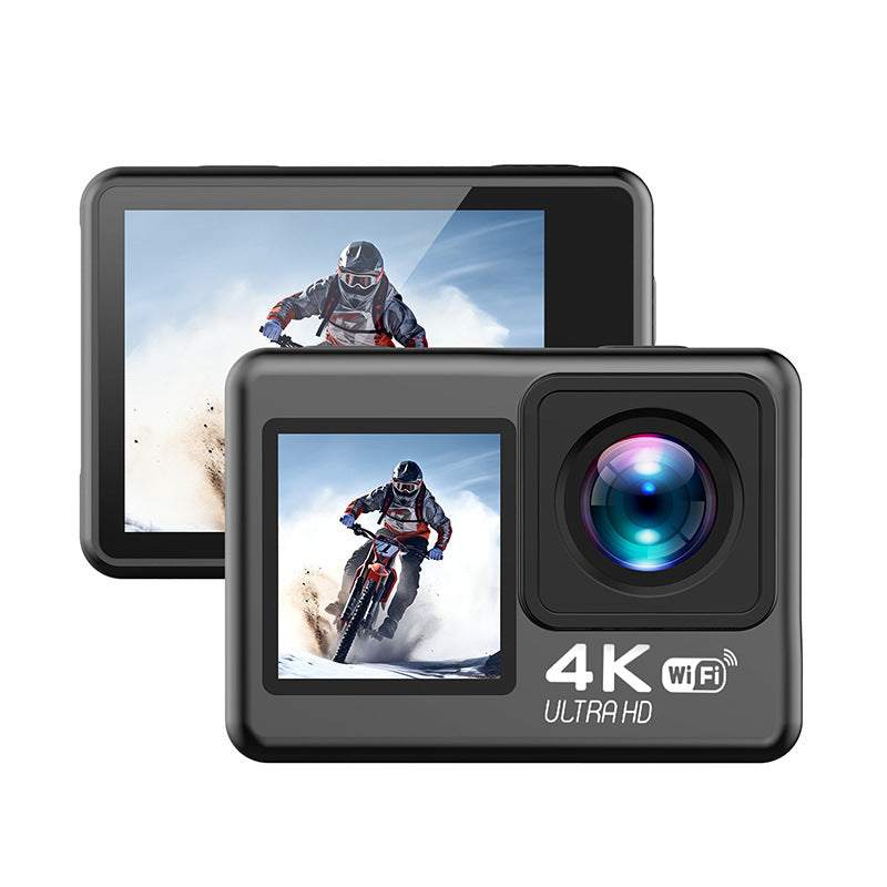 Dual color screen 4K HD sports camera with WiFi, 30m waterproof, anti-shake, ideal for outdoor activities like riding and surfing.