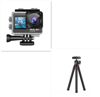 Dual color screen 4K HD sports camera with tripod, ideal for outdoor activities.