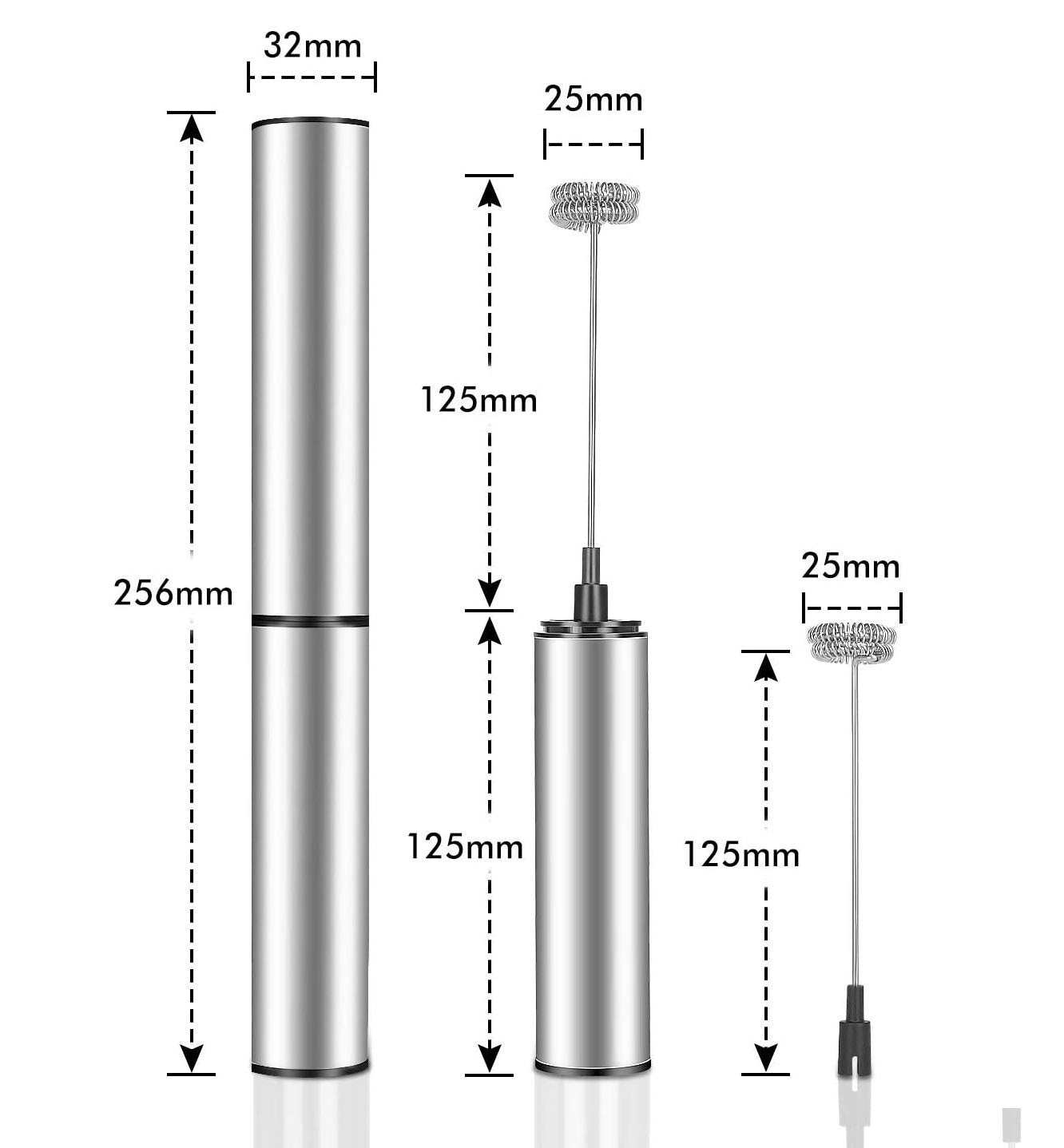 Handheld electric milk frother and egg beater with dimensions.