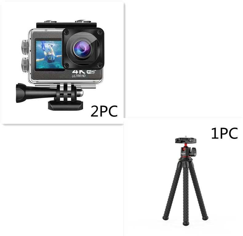 Dual color screen sports camera with tripod, 4K HD, waterproof, for outdoor activities like riding and surfing.