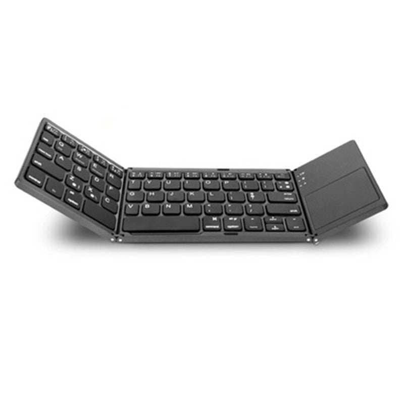 Folding Bluetooth keyboard with touchpad, 64 keys, and rechargeable battery.