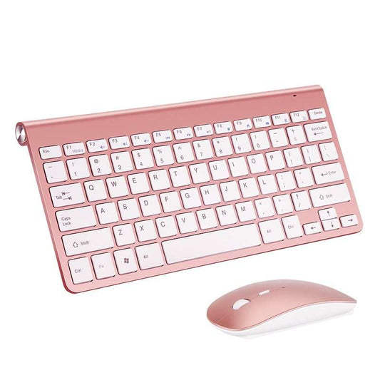 2.4G wireless keyboard mouse combo set in pink, optical resolution 1200dpi, USB interface, ABS plastic, ideal for home, office, game, notebook use.