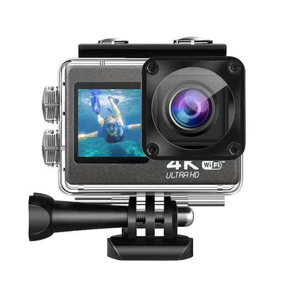 Dual color screen 4K HD sports camera with waterproof and WiFi features.