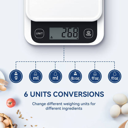 Smart kitchen scale with digital display showing 268 grams and unit conversion options.