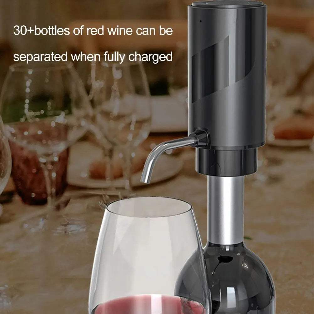 Electric wine aerator and decanter pump dispenser with black plastic design, shown dispensing red wine into a glass.