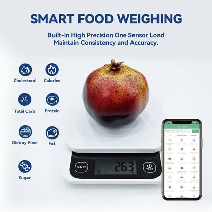 Smart kitchen scales with nutrition calculator app, black, digital display showing weight of a pomegranate.