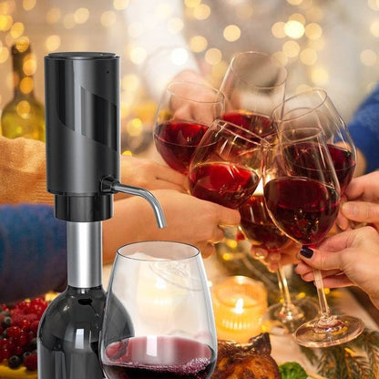 Electric wine aerator and decanter pump on bottle, enhancing wine flavor.