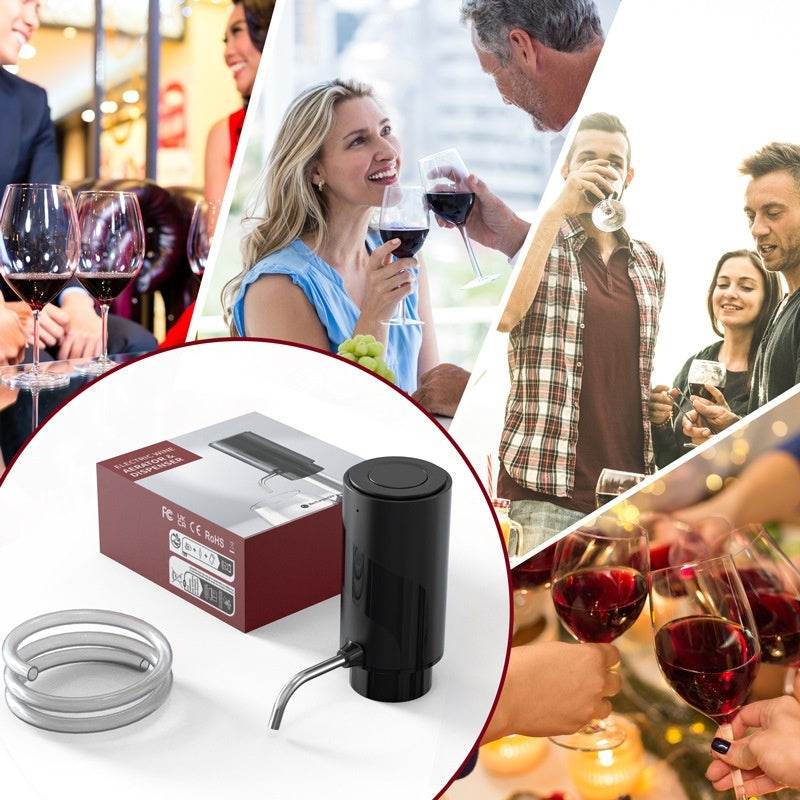 Electric wine aerator and decanter pump dispenser in use at social gatherings, showcasing elegant design and easy operation.