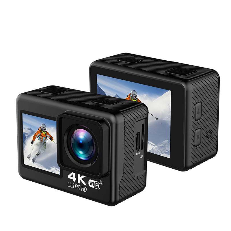 Dual color screen 4K HD sports camera for outdoor activities like riding and surfing.