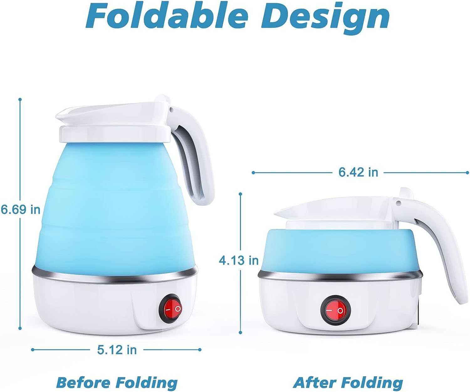 Foldable blue electric kettle with collapsible design and separable power cord showing dimensions before and after folding.