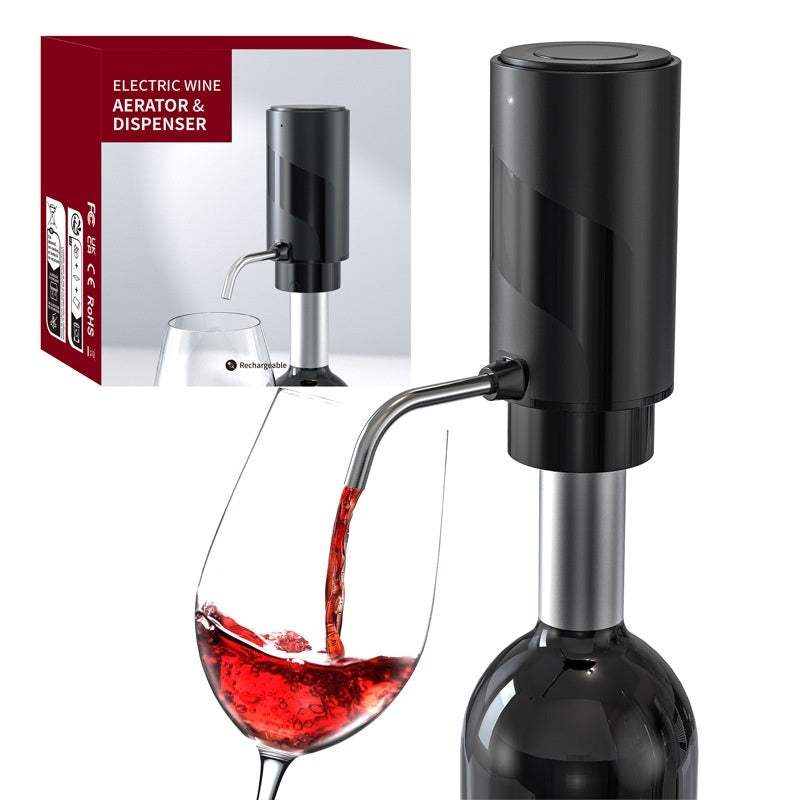 Electric wine aerator and dispenser pouring red wine into glass.