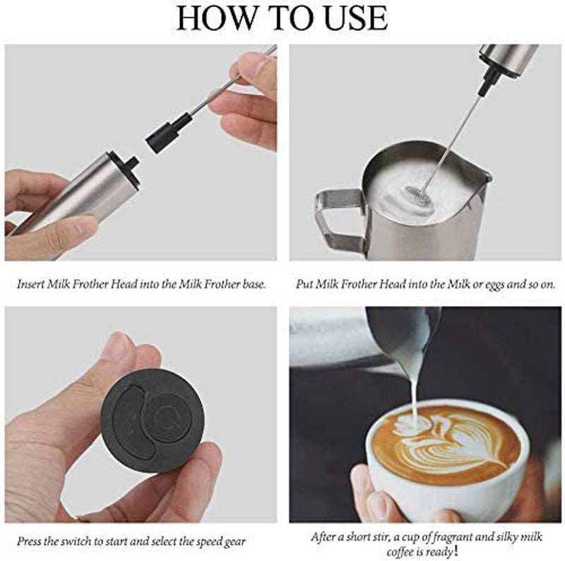 Instructions for using the Handheld Electric Milk Frother.