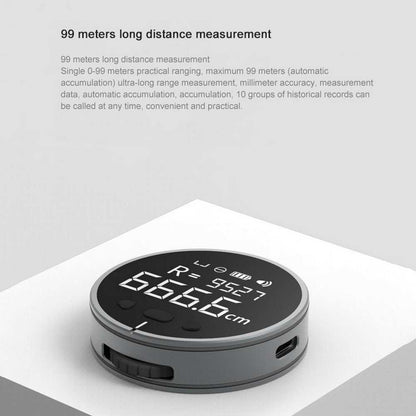 Distance measuring instrument with high-definition LCD, compact design, accurate to 0.5%, measurement up to 99.99 meters.