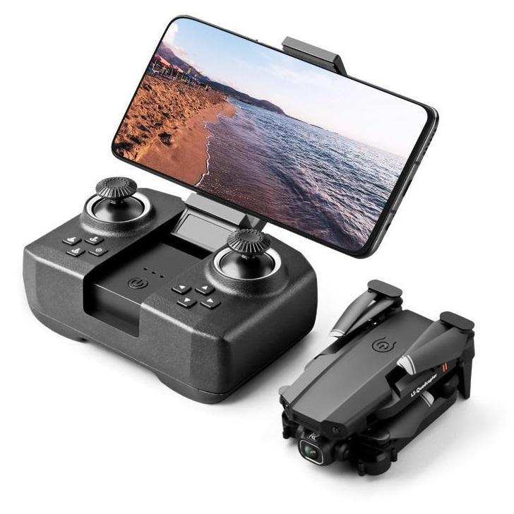 Mini drone with dual cameras and black plastic design next to a remote control and smartphone display.