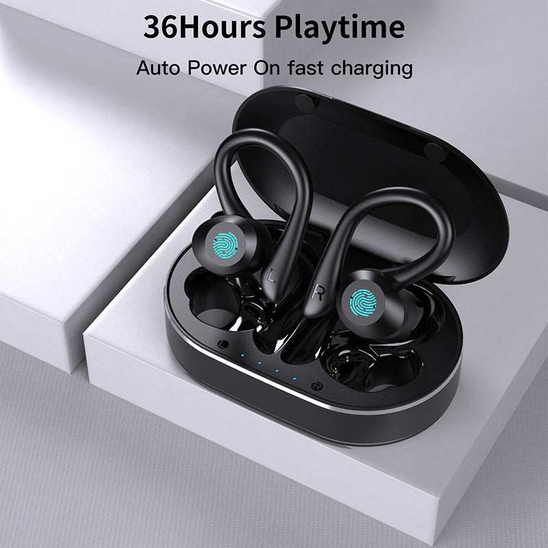 Bluetooth Headset Touch Mini Ear Hanger with charging case, black, 36 hours playtime, Bluetooth 5.1, stereo sound.