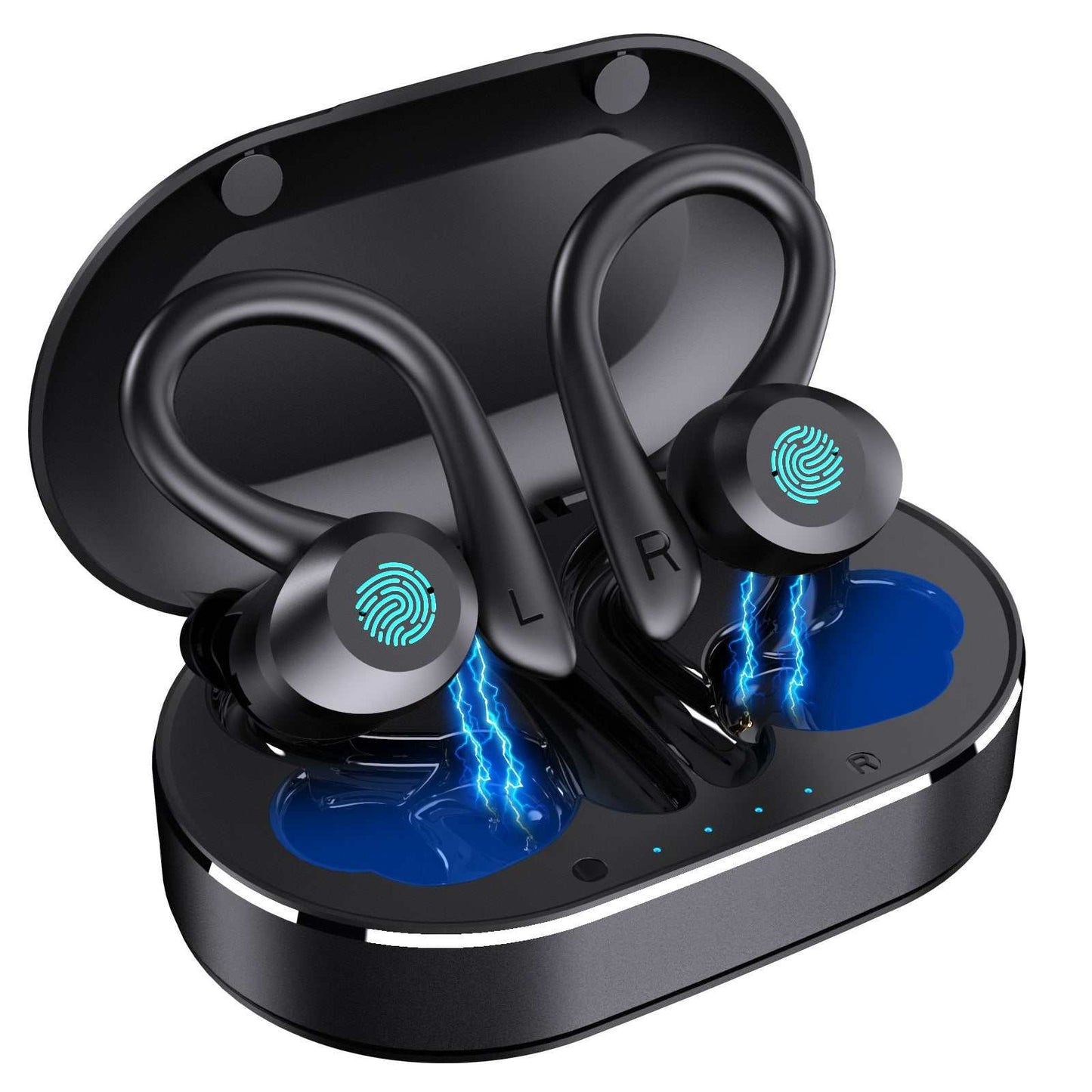 Black Bluetooth headset with touch controls and ear hanger design, shown in a charging case.