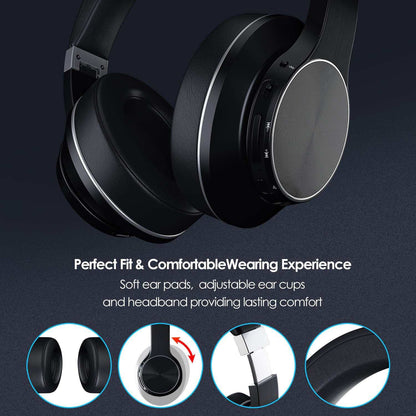 Black sports noise-cancelling Bluetooth earphones with adjustable ear cups and soft ear pads.